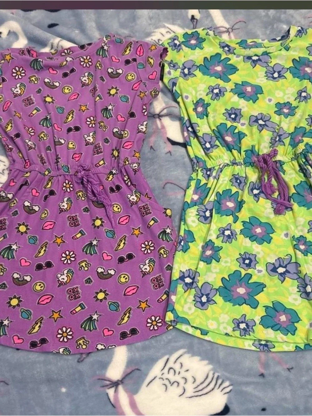 Girls' Purple Floral & Lime Green Flower Print Dresses - Set of 2